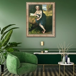 «The Magdalene, c.1518-19» в интерьере гостиной в зеленых тонах