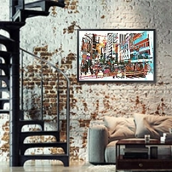 «Абстрактное искусство городского пейзажа» в интерьере кухни в стиле лофт с кирпичной стеной