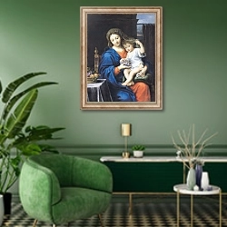 «The Virgin of the Grapes, 1640-50» в интерьере гостиной в зеленых тонах