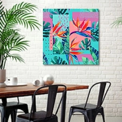 «Абстрактный тропический летний дизайн в минимальном стиле 2» в интерьере столовой в скандинавском стиле с кирпичной стеной