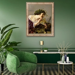 «Pan Playing his Pipes» в интерьере гостиной в зеленых тонах