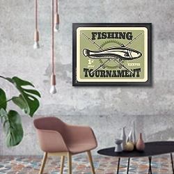 «Рыбный турнир, ретро-плакат» в интерьере в стиле лофт с бетонной стеной
