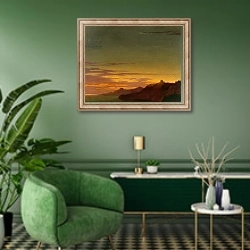 «Close of the Day: Sunset on the Coast, c.1768-75» в интерьере гостиной в зеленых тонах