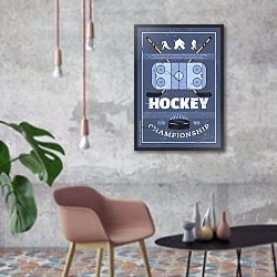 «Чемпионат мира по хоккею, ретро плакат» в интерьере в стиле лофт с бетонной стеной
