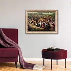 «The Inauguration of the Church of the Invalides by Louis XIV» в интерьере гостиной в бордовых тонах