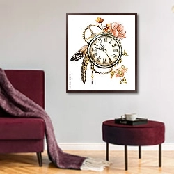 «Стимпанк часовой механизм с цветами и перьями» в интерьере гостиной в бордовых тонах