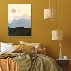 «Солнце над серыми скалами» в интерьере спальни  в этническом стиле в желтых тонах
