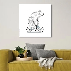 «Белый медведь на велосипеде» в интерьере в скандинавском стиле с желтым диваном