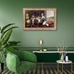 «The Five Senses, or Summer, 1633» в интерьере гостиной в зеленых тонах