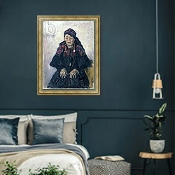 «Portrait of a Cossack Woman, 1909» в интерьере классической спальни с темными стенами