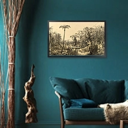 «Природа Южной Америки 25» в интерьере зеленой гостиной в этническом стиле над диваном