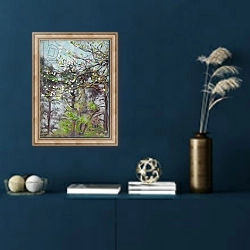 «Cherry tree in blossom with pine trees in background» в интерьере в классическом стиле в синих тонах