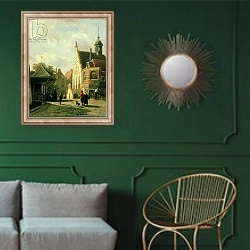 «A Street Scene in a Dutch Town» в интерьере классической гостиной с зеленой стеной над диваном
