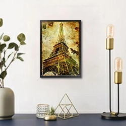 «Эйфелева башня - старинная открытка» в интерьере в стиле ретро над столом