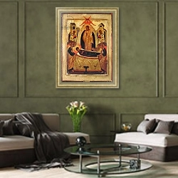 «The Dormition of the Virgin» в интерьере гостиной в оливковых тонах