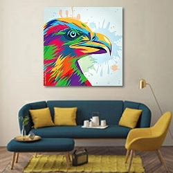 «Цветной орел, портрет» в интерьере гостиной в стиле поп-арт с желтыми деталями