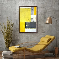 «Серо-жёлтая геометрическая абстракция» в интерьере в стиле лофт с желтым креслом