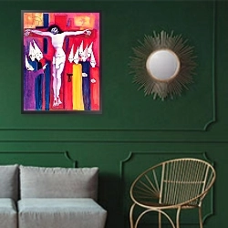 «Christ and the Politicians, 2000» в интерьере классической гостиной с зеленой стеной над диваном
