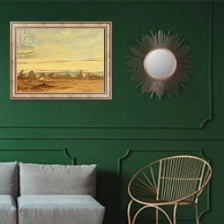 «Summer - Evening Landscape» в интерьере классической гостиной с зеленой стеной над диваном