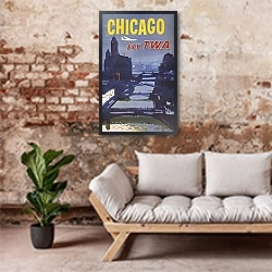«Chicago – fly TWA» в интерьере гостиной в стиле лофт над диваном