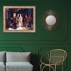 «Выбор кольца» в интерьере классической гостиной с зеленой стеной над диваном