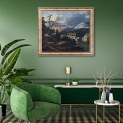 «Горный пейзаж 4» в интерьере гостиной в зеленых тонах
