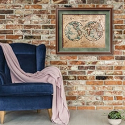 «Карта мира с полушариями, 19 век» в интерьере в стиле лофт с кирпичной стеной и синим креслом