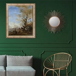 «Кавелерия, задержанная у палатки маркитанта» в интерьере классической гостиной с зеленой стеной над диваном