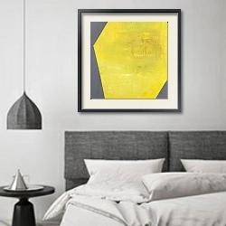 «Coloutful tune. Dandellion yellow tune» в интерьере светлой минималистичной спальне над кроватью