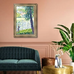 «Утренняя прогулка 2» в интерьере классической гостиной с зеленой стеной над диваном