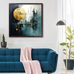«Большая луна» в интерьере современной гостиной над синим диваном