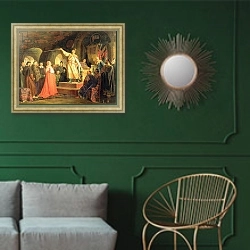 «Prince Roman of Halych-Volhynia receiving the ambassadors of Pope Innocent III, 1875» в интерьере классической гостиной с зеленой стеной над диваном