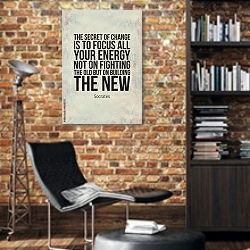 «Мотивационный плакат с цитатой Сократа» в интерьере кабинета в стиле лофт с кирпичными стенами