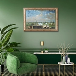 «Cherbourg Harbour, 1822» в интерьере гостиной в зеленых тонах