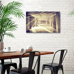 «Абстрактный бетонный коридор со световыми лучами» в интерьере столовой в скандинавском стиле с кирпичной стеной
