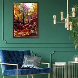 «Красивый осенний лес в лучах солнца» в интерьере в классическом стиле с зеленой стеной