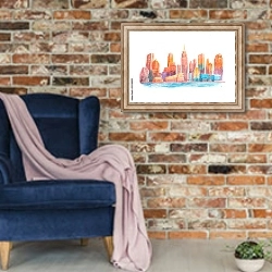 «Вечерний город на закате» в интерьере в стиле лофт с кирпичной стеной и синим креслом