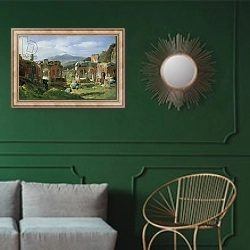 «Ruins of the Theatre at Taormina» в интерьере классической гостиной с зеленой стеной над диваном