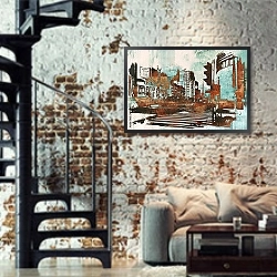 «Городской пейзаж» в интерьере двухярусной гостиной в стиле лофт с кирпичной стеной