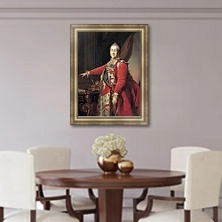 «Портрет Екатерины II. Около1782» в интерьере гостиной в зеленых тонах