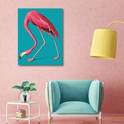 «Розовый фламинго на голубом фоне» в интерьере комнаты в стиле поп-арт с розовыми стенами