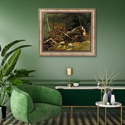 «The Fallen Branch, Fontainebleau, c.1816» в интерьере гостиной в зеленых тонах