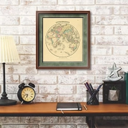 «Карта мира в виде полушарий: восточное полушарие, 1855 г. 1» в интерьере кабинета в стиле лофт над столом