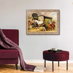 «The Derby Pets: The Arrival, 1842» в интерьере гостиной в бордовых тонах