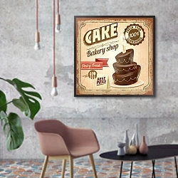«Ретро плакат с шоколадным тортом» в интерьере в стиле лофт с бетонной стеной