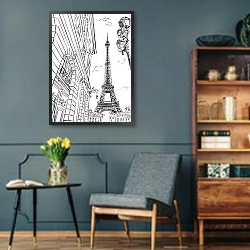 «Париж в Ч/Б рисунках #24» в интерьере в стиле ретро с бирюзовыми стенами