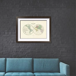 «Карта мира в виде полушарий, конец 19 в.» в интерьере в стиле лофт с черной кирпичной стеной