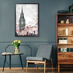 «Биг Бен, Лондон, Англия на фоне флага» в интерьере в стиле ретро с бирюзовыми стенами