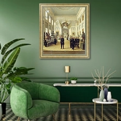 «Interior of the Armoury Chamber in the Kremlin, 1844» в интерьере гостиной в зеленых тонах