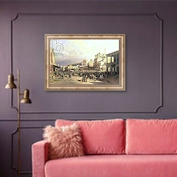 «Market in Nishny, Novgorod, 1872» в интерьере гостиной с розовым диваном